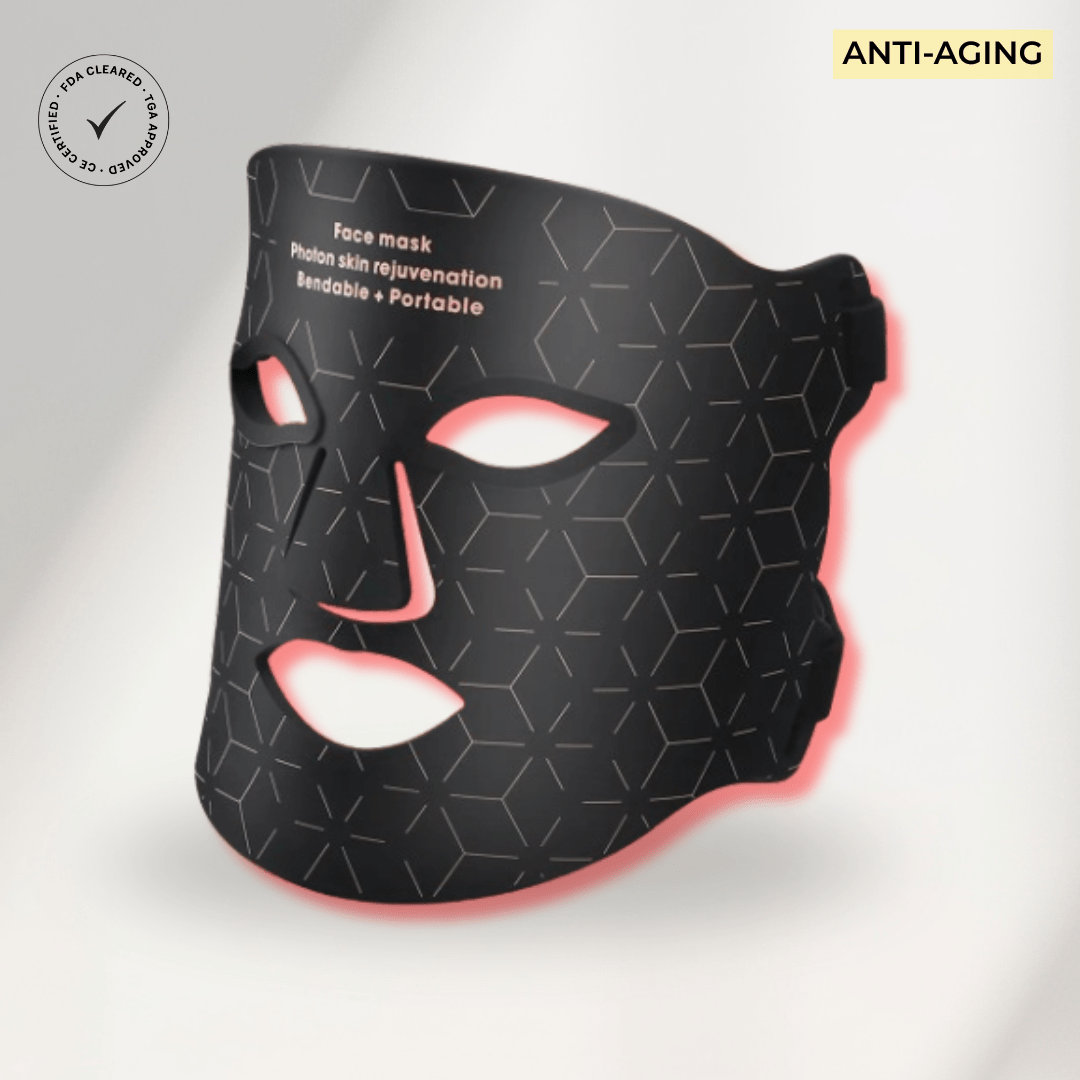 "LUNOVA LUX™ LED-lysterapimaske i svart og gull – premium hudpleie for rynker, akne og glød