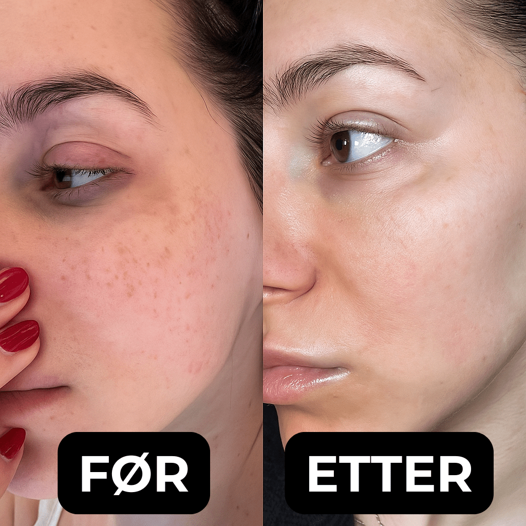 Før og etter bilder med LUNOVA LUX™ LED-maske – synlig klarere hud og redusert rødhet