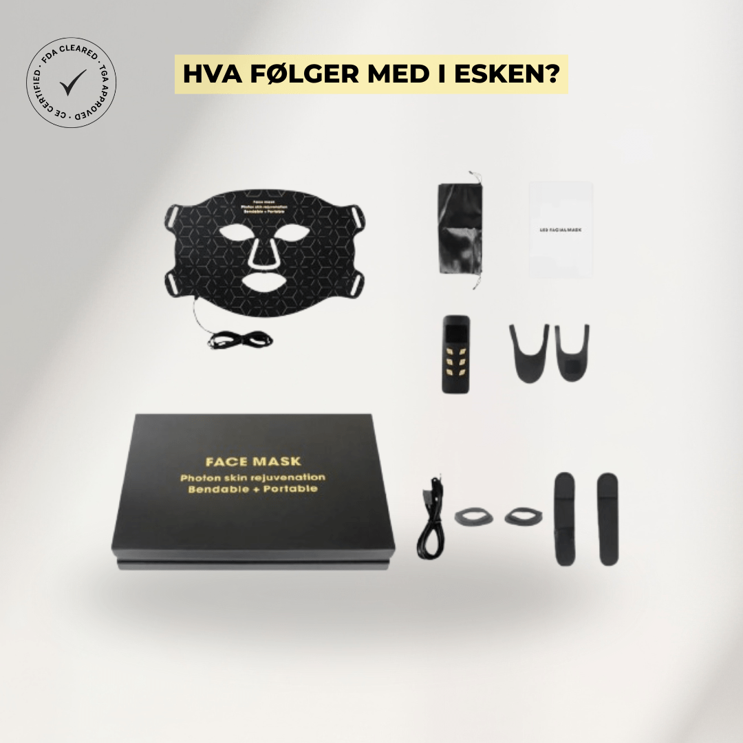 Innhold i LUNOVA LUX™ LED-maske-pakke – LED-maske, USB-lader og brukerveiledning